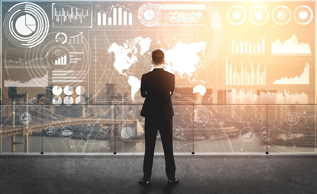 Modern graphic interface shows massive information of business sale report, profit chart and stock market trends analysis on screen monitor.